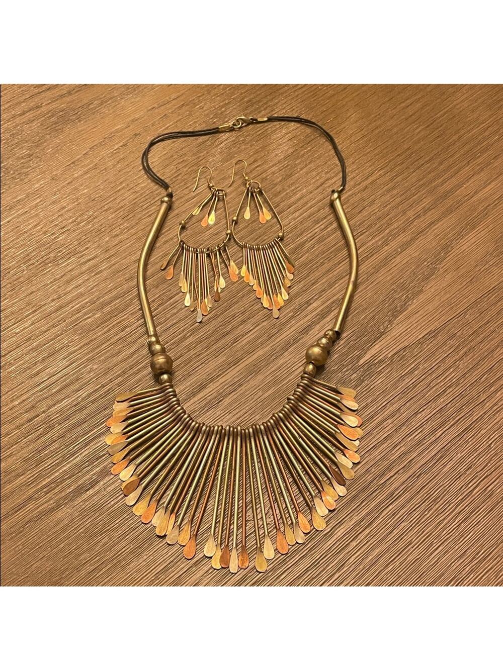70s Vintage Brass & Copper Spike Fringe Necklace earrings set